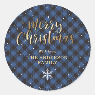 Pegatina Redonda Navidades Blue Buffalo Plaid Gold Snow