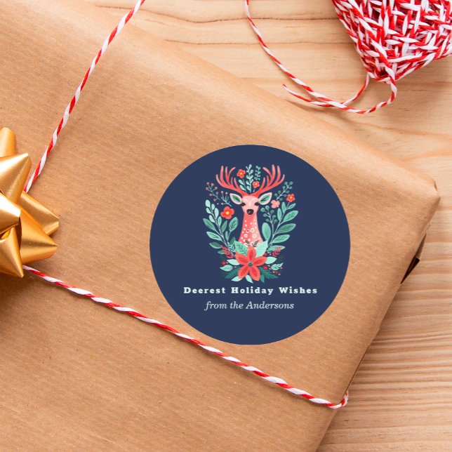 Pegatina Redonda Navidades Blue Reindeer Floral Holiday (Subido por el creador)