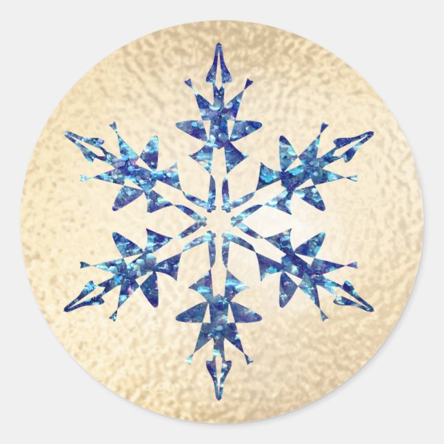 Pegatina Redonda Navidades Blue Snowflake Sparkle Gold (Anverso)