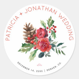Pegatina Redonda Navidades boda acuarela floral y bayas