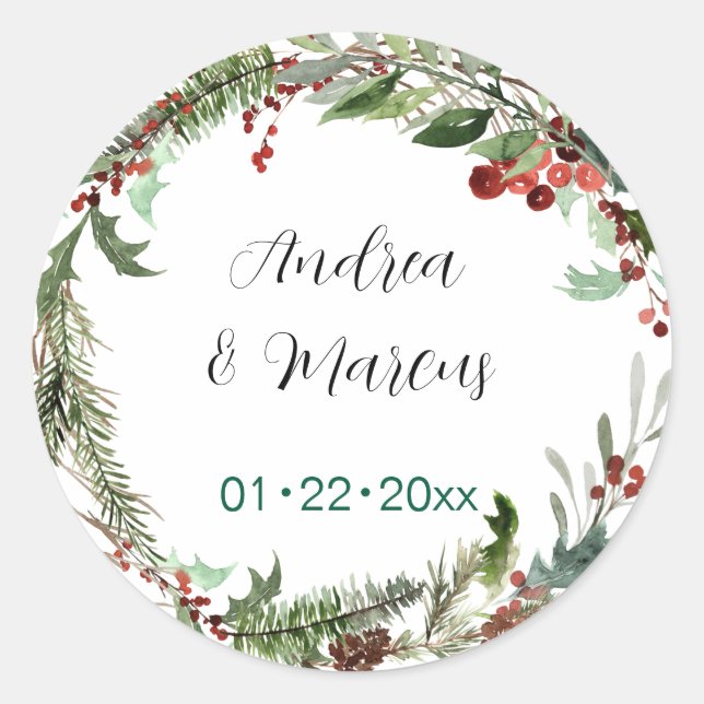 Pegatina Redonda Navidades Boda Wreath (Anverso)