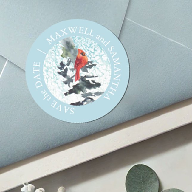Pegatina Redonda Navidades Bodas rusos (Envelope seal watercolor winter snow and pine trees with cardinal save the date personalized)