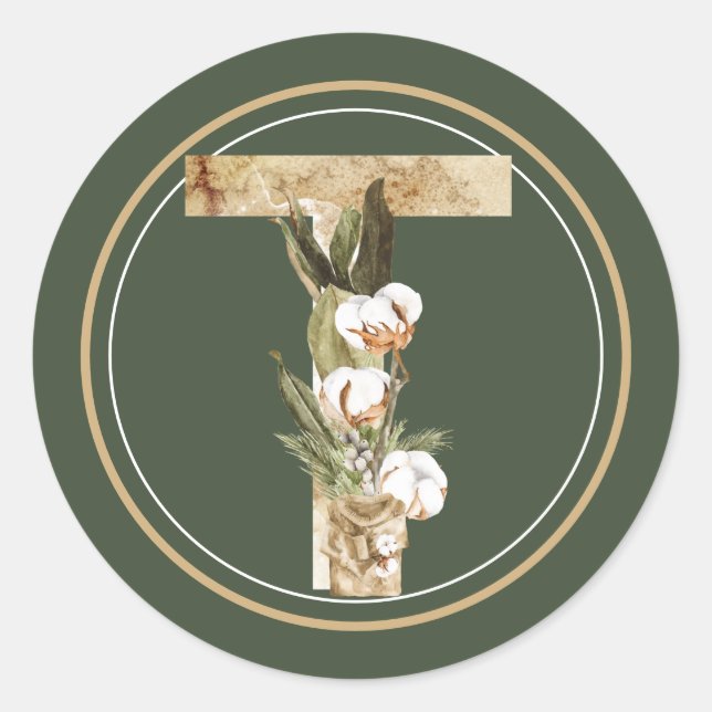 Pegatina Redonda Navidades Boho Monograma T con suéter y algodón (Anverso)