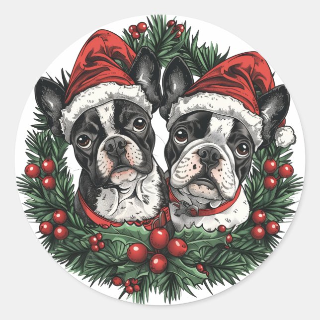 Pegatina Redonda Navidades Boston Terrier Dogs Holiday Wreath (Anverso)