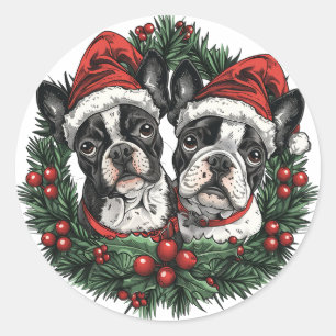 Pegatina Redonda Navidades Boston Terrier Dogs Holiday Wreath