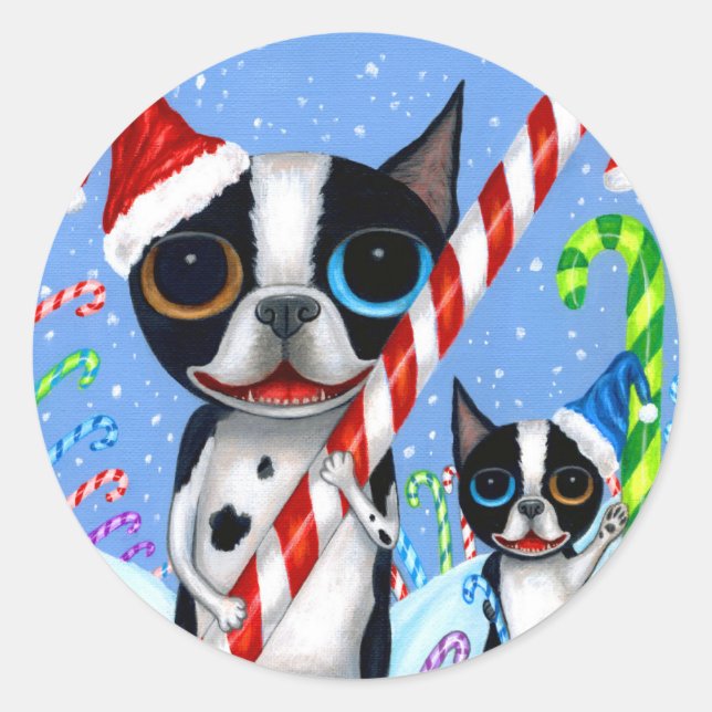 Pegatina Redonda Navidades Boston Terrier Perros Candy Cane Santa H (Anverso)