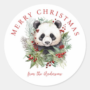 Pegatina Redonda Navidades botánicos de Cute Panda Bear Rustic