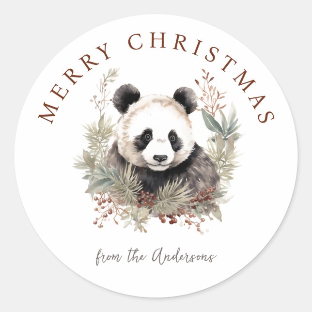 Pegatina Redonda Navidades botánicos de la moda Rustica Cute Panda  (Anverso)