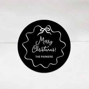 Pegatina Redonda Navidades Bow   Negro ondulado y caprichoso con bl