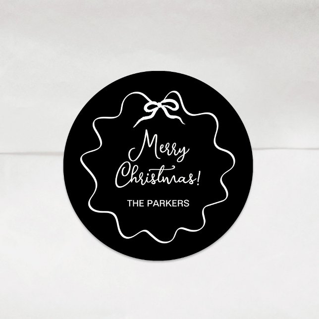 Pegatina Redonda Navidades Bow | Negro ondulado y caprichoso con bl (Subido por el creador)