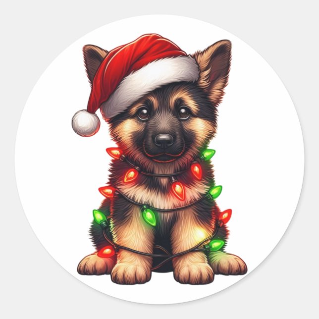 Pegatina Redonda Navidades breves German Shepherd (Anverso)