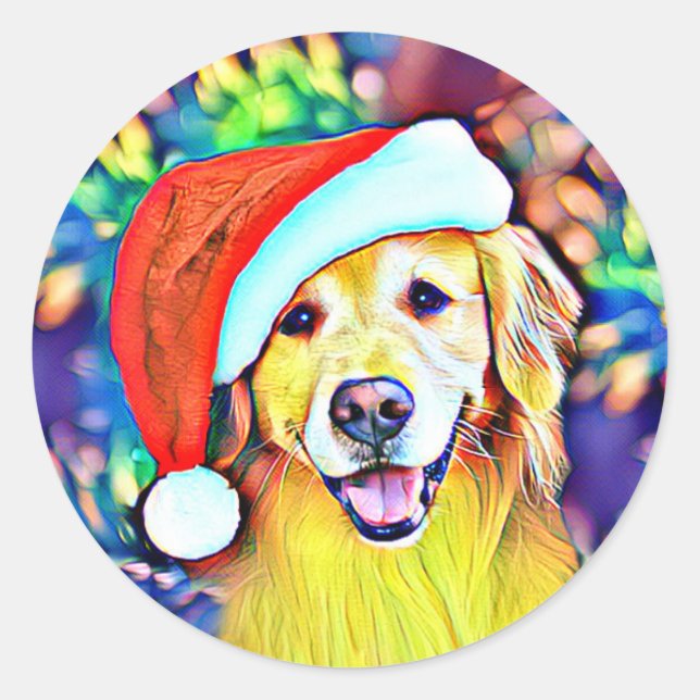 Pegatina Redonda Navidades brillantes Golden Retriever Art (Anverso)