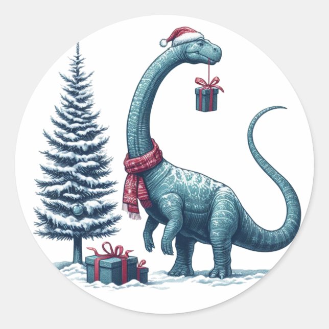 Pegatina Redonda Navidades Brontosaurus dinosaur (Anverso)
