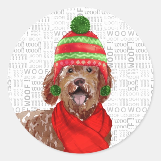 Pegatina Redonda Navidades Brown Labradoodle y Woof Art Dog Lover (Anverso)