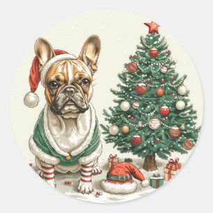 Pegatina Redonda Navidades Bulldog francés Elf Dog