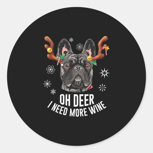 Pegatina Redonda Navidades Bulldog francés negro venado Antlers Win (Anverso)