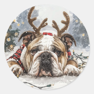 Pegatina Redonda Navidades Bulldog inglés reno