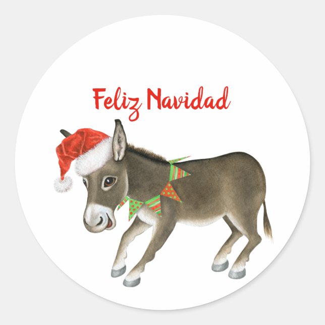 Pegatina Redonda Navidades Burro Feliz Personalizable de Navidad (Anverso)