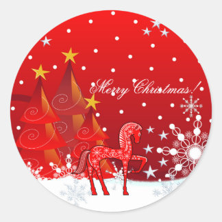 Pegatina Redonda Navidades Caballo, copos de nieve, árboles y perso
