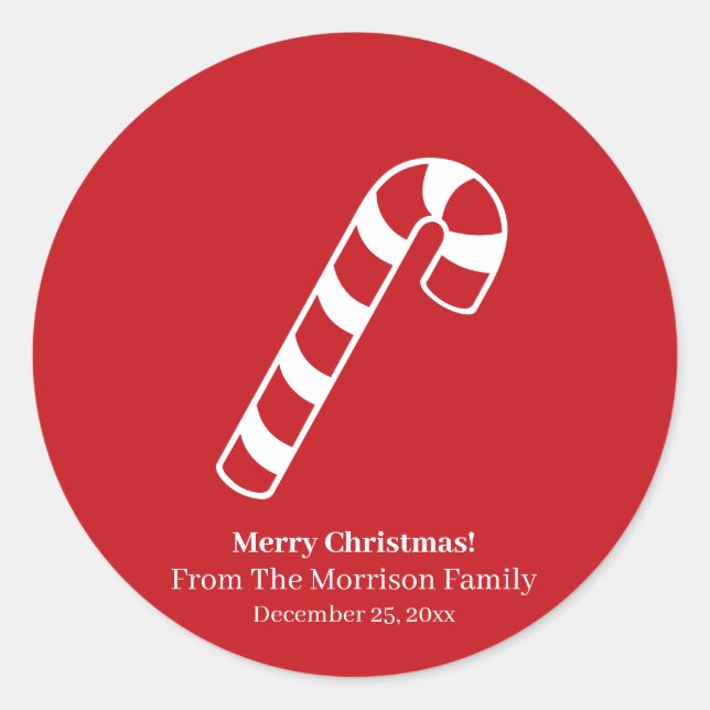 Pegatina Redonda Navidades caña de caramelo rojo blanco nombre de c (Anverso)