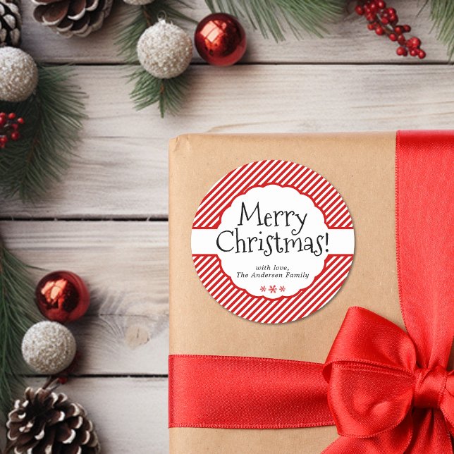 Pegatina Redonda Navidades Candy Red Candy Stripe Holiday Scalloped (Modern Minimal Red Stripes Typography Scalloped Classic Round Sticker)