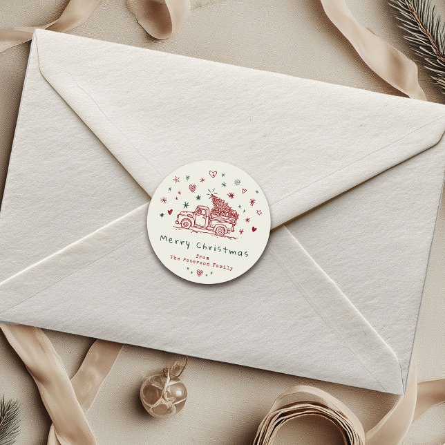 Pegatina Redonda Navidades caprichosos camioneros retro rojo y verd (Subido por el creador)