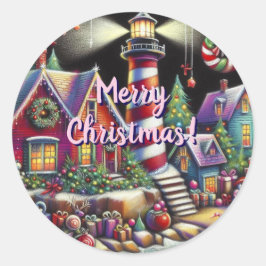 Pegatina Redonda Navidades caprichosos faro morado rosado rojo