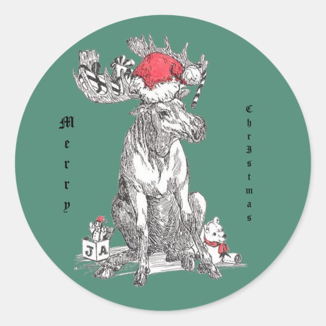 Pegatina Redonda Navidades caprichosos Moose Wildlife (Anverso)