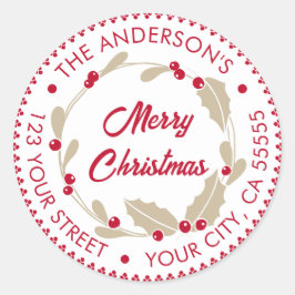 Pegatina Redonda Navidades caprichosos Wreath | Rojo y blanco