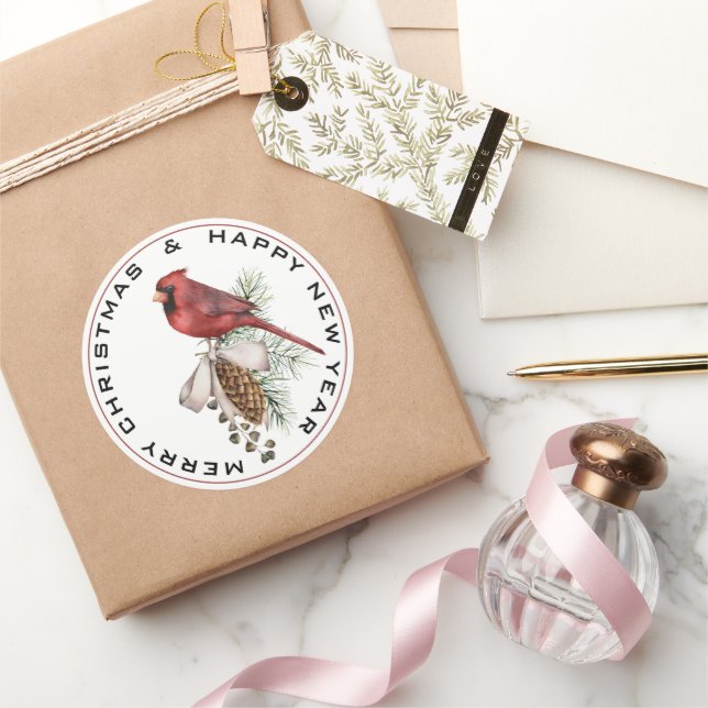 Pegatina Redonda Navidades Cardenal Merry Navidad Feliz Año Nuevo (Regalar)