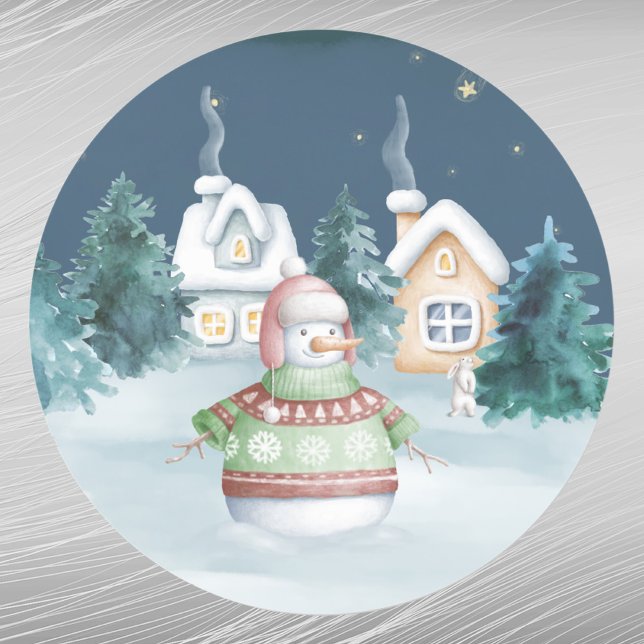 Pegatina Redonda Navidades Casas de Snowman Árboles de conejo acuar (Subido por el creador)