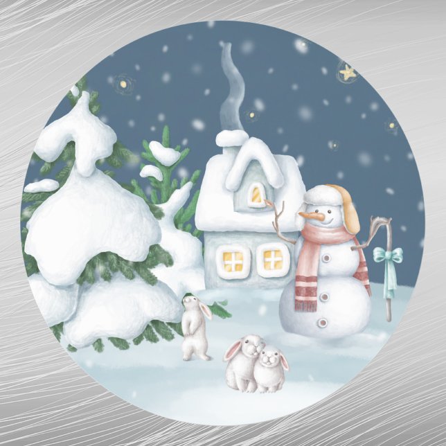 Pegatina Redonda Navidades Casas de Snowman Conejo Acuarela (Subido por el creador)