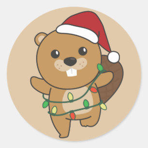 Pegatina Redonda Navidades castores Animales de invierno Beaver Cla