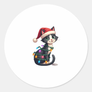 Pegatina Redonda Navidades Cat Tuxedo gato negro gatito luces gatit