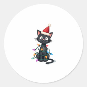 Pegatina Redonda Navidades Cat Tuxedo gato negro gatito luces gatit