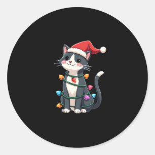 Pegatina Redonda Navidades Cat Tuxedo gato negro gatito luces gatit