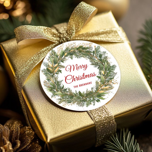 Pegatina Redonda Navidades celebran elegante fiesta (Christmas Wreath Elegant Festive Holiday Classic Round Sticker)