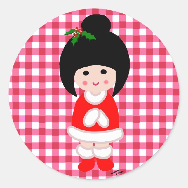 Pegatina Redonda Navidades Chicas de Kokeshi (Anverso)