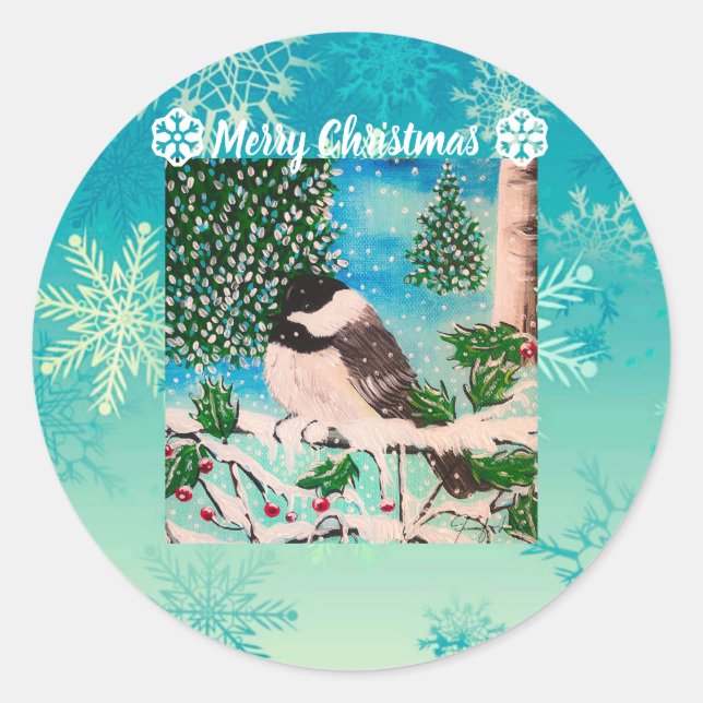 Pegatina Redonda Navidades Chickadee Chatter (Anverso)