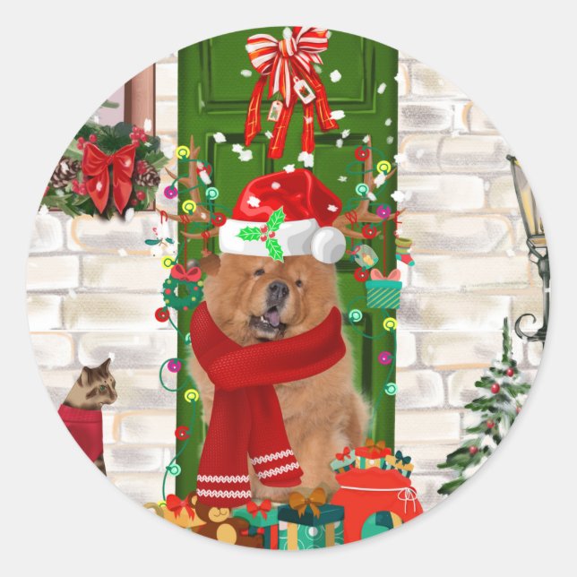 Pegatina Redonda Navidades Chow Chow Dog (Anverso)