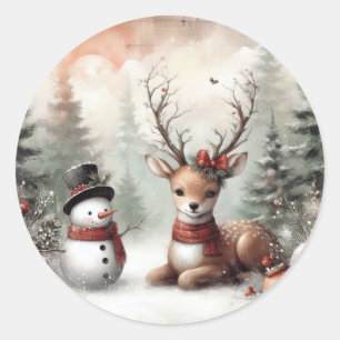 Pegatina Redonda Navidades clásicos de los bosques de renos y snowm