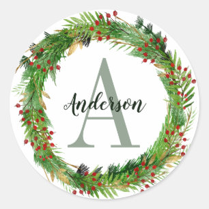 Pegatina Redonda Navidades clásicos elegantes Wreath Monograma inic