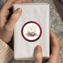 Pegatina Redonda Navidades clásicos Escudo floral Monograma Boda