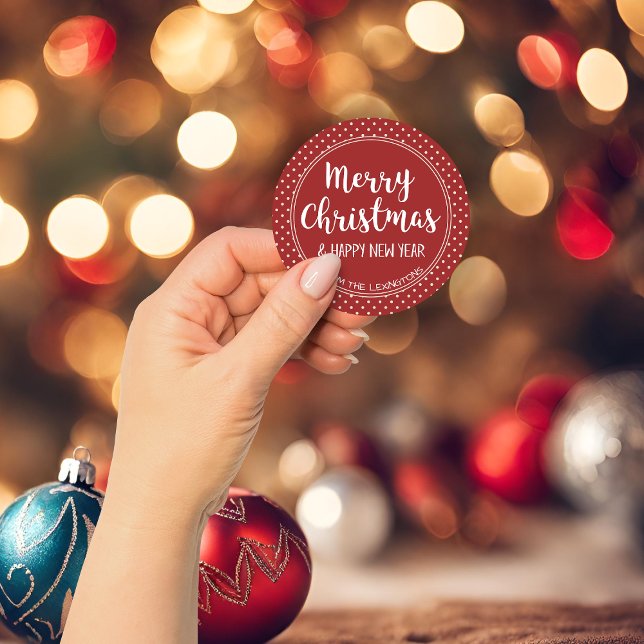 Pegatina Redonda Navidades clásicos modernos con puntos de marfil r (Modern Classic Christmas Rustic Red Ivory Dots Classic Round Sticker)