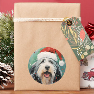 Pegatina Redonda Navidades Collie con barba pinchan arte