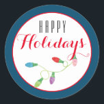 Pegatina Redonda Navidades coloridos iluminan feriado feliz/ azul<br><div class="desc">Navidades coloridos Diseño de luces con un saludo de vacaciones feliz en blanco. Excelente para envolver regalos,  sellar sobres,  adjuntar etiquetas a un paquete o poner en tus hijos bolsas de almuerzo!!</div>
