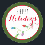 Pegatina Redonda Navidades coloridos iluminan feriado feliz/ verde<br><div class="desc">Navidades coloridos Diseño de luces con un saludo de vacaciones feliz en blanco. Excelente para envolver regalos,  sellar sobres,  adjuntar etiquetas a un paquete o poner en tus hijos bolsas de almuerzo!!</div>