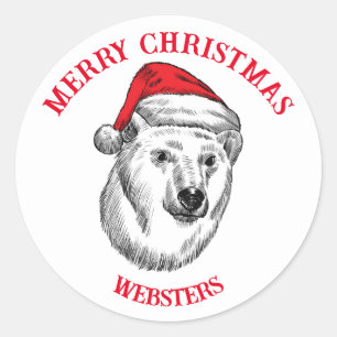 Pegatina Redonda Navidades con oso, Santa hat personalizable