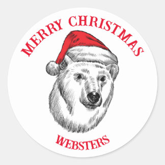 Pegatina Redonda Navidades con oso, Santa hat personalizable