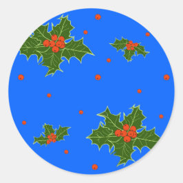 Pegatina Redonda Navidades con un patrón de moras rojas sobre azul